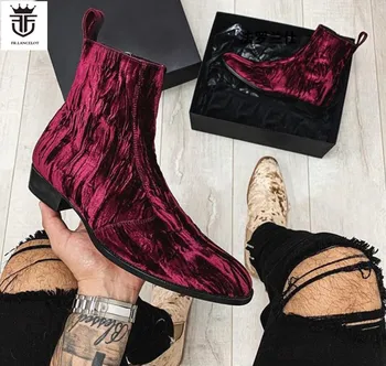 2020 nove modne muške čizme bordo-crvene Cipele Chelsea munje s oštrim vrhom Muške cipele za zabave, peta 5 cm baršun botovi