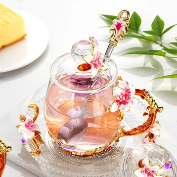 Emajl šalica gift box set čajna šalica staklena ženski cvijet čajna šalica poklon po mjeri osnovna čaša proizvođač izravna prodaja i veleprodaja