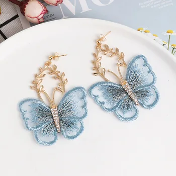 Korejski Moda Šifon Čipke Leptir Naušnice Ženske Gorski Kristal Insekt Veliki Veliki Branch Legure Naušnice-Roze Nakit Za Djevojčice