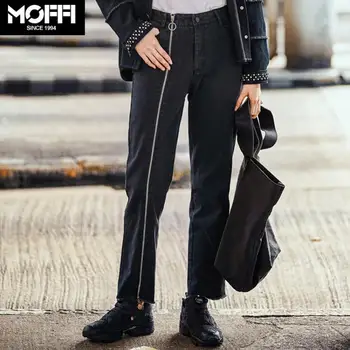 Modne marke black denim ravne hlače na munje, ženske ravne hlače u engleskom stilu, sa visokim strukom, tanke duge hlače wq2115