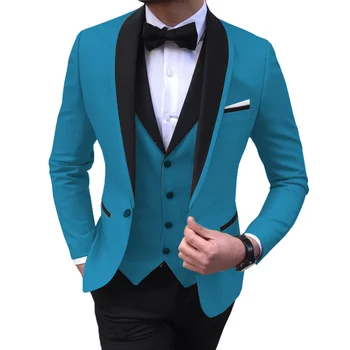 Plava Muška Odijela s prorezom, 3 predmeta, Crni šal s lapels, Svakodnevne Tuxedos za Vjenčanja, Odijela za Mladoženju, Gospodo 2020 (blazer + prsluk + hlače)