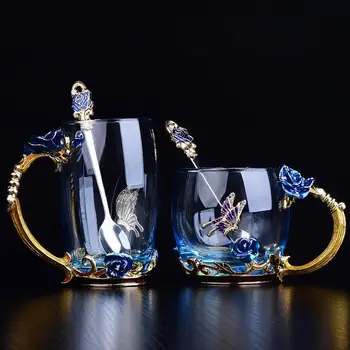 Plava Ruža Emajl Kristalna Čaša Cvjetni Čaj Staklo Kvalitetna Staklena Čaša Cvjetni Bubalo s Ručkom Savršen Poklon Za Ljubitelje Vjenčanje