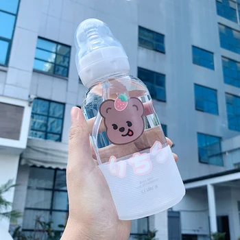 Slatka djevojka staklena boca za vodu kreativno moda medvjed predložak ličnosti slama šalica studentski par prijenosni čaša za vodu