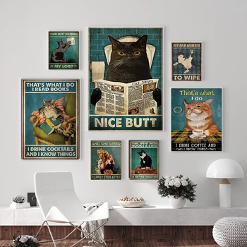 Smiješno Mentalni Crno-Bijela Mačka Platnu Zid Umjetnost I Starinski Lijep Plakat S Po Cijeloj Površini Pušaka Poster Ispis Fotografija Za Kupaonicu Kućni Dekor