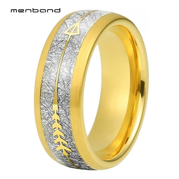 Vjenčano Prstenje Od Volframa Žutog Zlata 8 mm, Prsten Za Muškarce i Žene, Inlay Strelicom i Метеоритом, Mat izgleda, Ugodno Slijetanje
