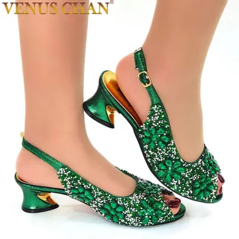 Zelena Boja Večernje Cipele 2022 Najnoviji Talijanski Dizajn Cvjetni Puni Dijamant Trendy Ženske Cipele Na Visoku Petu Svadbeni Banket Ženske Sandale