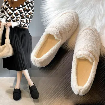 Ženske jesensko-zimske Svakodnevne modne Лоферы od ovčje vune plus Baršun, Tople pamučne Лоферы ravnim cipelama, Fine cipele, Udobne ženske cipele-grah