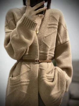 Ženski Kardigan Veličina Plus s V-neck, od 100% čiste vune, jesensko-Zimske Pletene Majice Srednje dužine, Svakodnevni Korejski Ženska Jakna, Zadebljanje